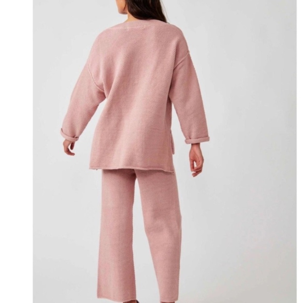 FREE PEOPLE Beach Hailee waffle knit crop pants sz L pink easy pull on lounge - Picture 3 of 9